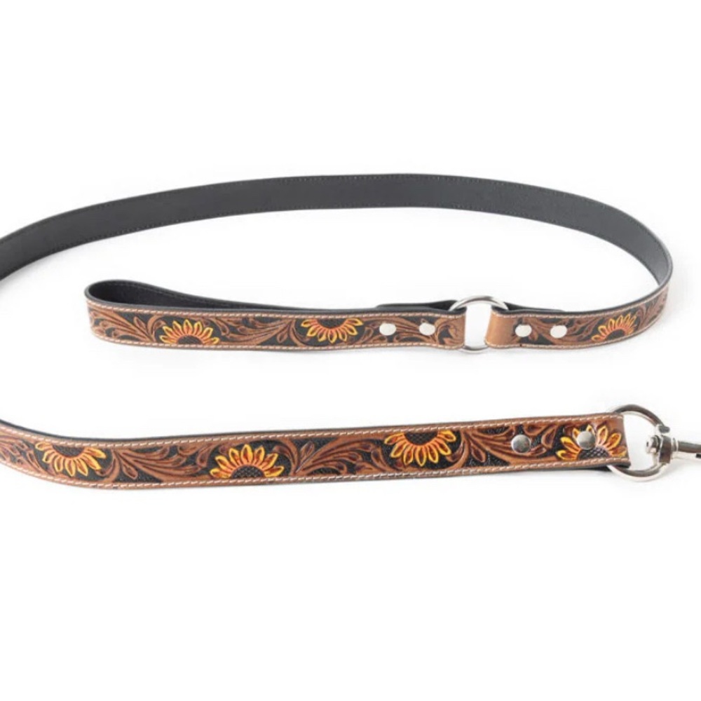 Myra Bag Clairmonte Dog Leash In Light Brown Tooled Leather Sunflower Embossed